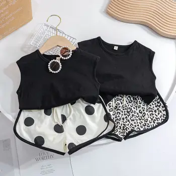 Комплект летни дрехи за малки момчета и момичета 2023 г., модерен Жилетка, Риза + леопардовые къси Панталони, удобни Ежедневни облекла за деца за рожден Ден Изображение