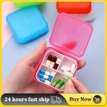Кутия за лекарства с 4 мрежи, контейнер-органайзер за хапчета, влага кутия за хапчета за джоба, в чантата, калъф за дневни таблетки, държач за витамини Изображение