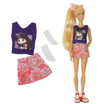 Модни лилава тениска с анимационни принтом, Топ, Розова пола с цветен модел, Чорапи, Комплект дрехи за кукли Барби, облекло за кукли 1/6, Аксесоари за кукли Изображение