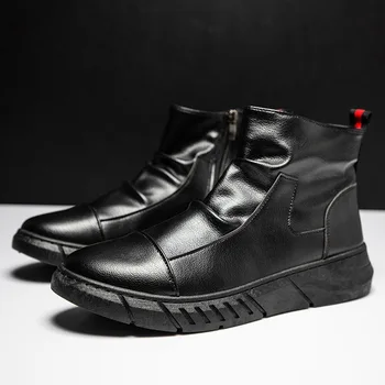 Мъжки ботильоны; Черни обувки от изкуствена кожа; Кожени ежедневни обувки на платформа-Есенна мода удобни мъжки обувки; Botas De Hombre Изображение