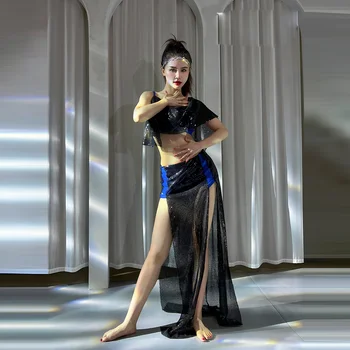 Новият костюм на русалка за танца на корема, комплект от 2 теми, женска танцова практика с пайети, шоу-комплект за ориенталски танци Изображение