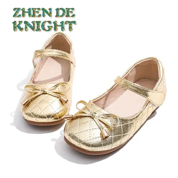 Обувки принцеси за момичета, пролетта 2023, Нова детска кожа обувки на равна подметка за момиченца цвят: златист, Сребрист Изображение