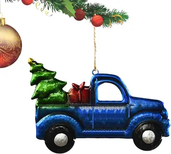 Окачен камион с ремарке за Коледа, микробус с украса на коледната елха, Железни и автомобилни занаяти, окачен декор за украса на коледната елха, Холи Изображение