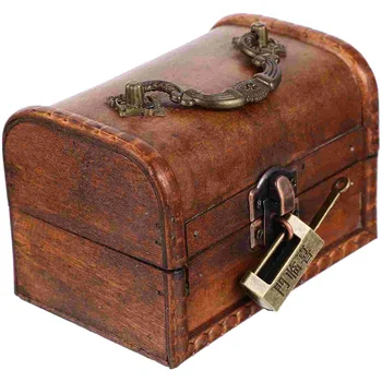 Старинна Дървена Кутия За Съхранение, Декоративен Калъф Бижутериен Заключване Контейнер Организатор На Пиратско Съкровище Изображение
