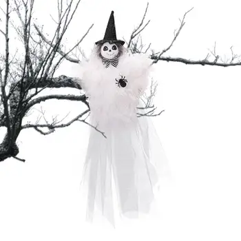 Хелоуин, скелет, Призрак, Призрака на Черно-бял медальон С шапка на вещица, Творчески украса за Хелоуин за входната врата, прозорци, веранда Изображение